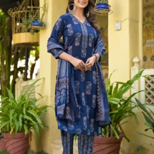 Women Blue Printed Pure Cotton Kurta Set for Summer (25 PCS)