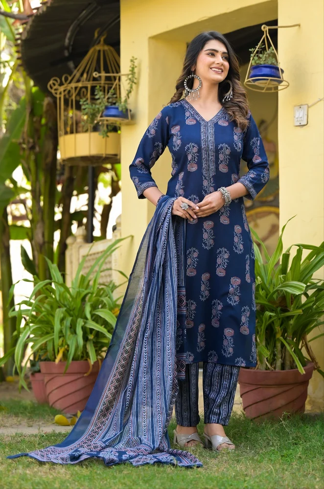 Women Blue Printed Pure Cotton Kurta Set for Summer (25 PCS) - Image 3